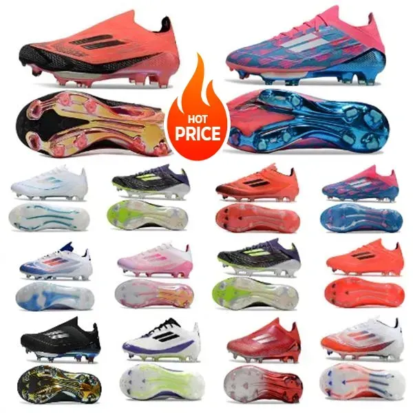 2025 Designer F50 Boot Mens Gift Bag Boots Metal Spikes Football Cleats Men LACELESS and lace-up FG BOOTS Soft Leather Pink Soccer