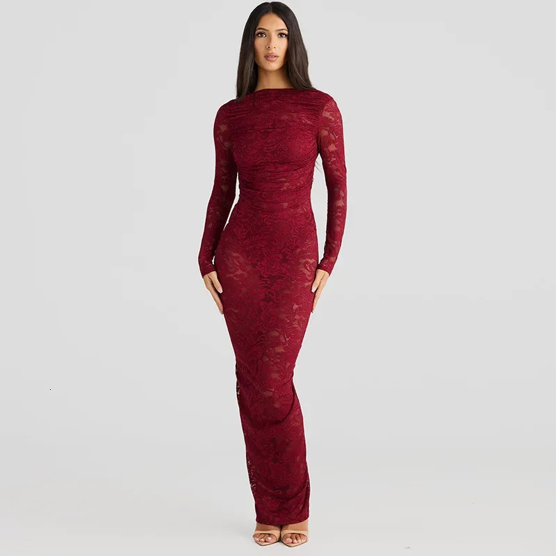 Trendix See Through Lace Maxi Dress Women Patchwork Hollow Long Sleeve Big Backless Sexy Dresses Club Party Women Sheath Dress 250527