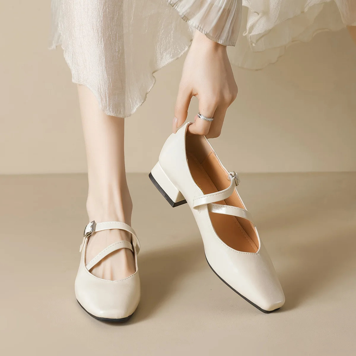 spring womens outerwear shoes Square toe Mary Jane shoes Ladies casual high heels Work Large sizes 41-43 250528