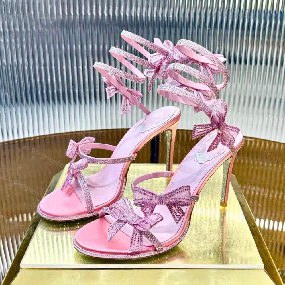 Chandelier Sandals Rhinestone Bowtie Embellished sandals Pearl Crystals Gem stiletto Heels Evening shoes women high heeled Luxury Designers Wraparound shoes