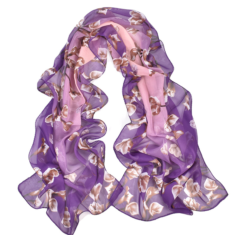 K881 New sunscreen lily floral pattern printed elegant women's chiffon scarf breathable scarf thin small tulle scarf