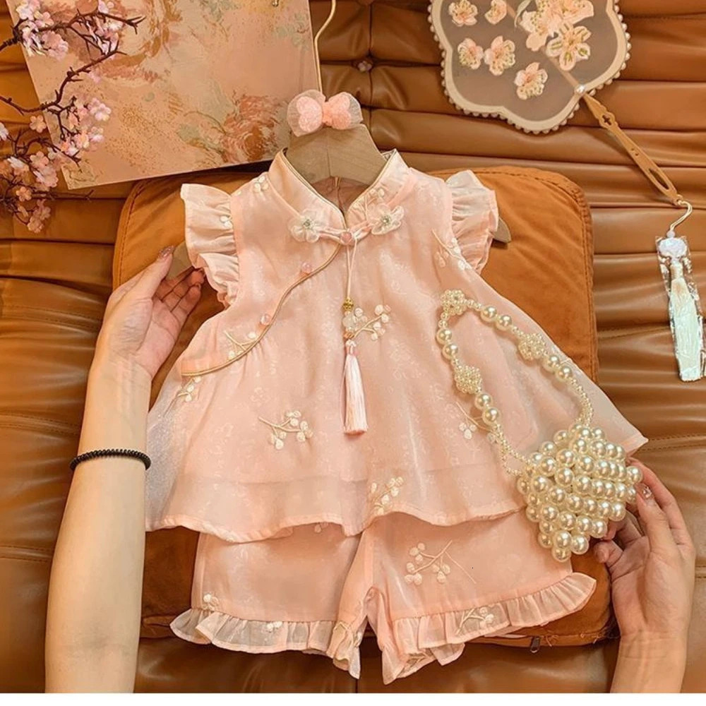 Bear Leader Summer Chinese Style Girls Suit Pink Flower Embroidered Fly Sleeved Top Shorts 2Pcs Tassel Cheongsam Kids Clothes 250527