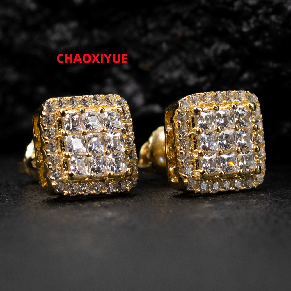 Custom 925 Sterling Silver Princess Cut Moissanite Iced Out Hip Hop Jewelry Men Moissanite Earrings