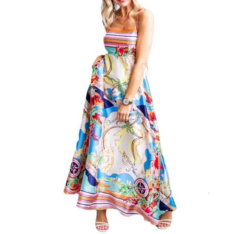 Casual Women Dresses 2025 Spring/Summer New High-Waisted Printed Colorful Vacation Flared Strap Dress