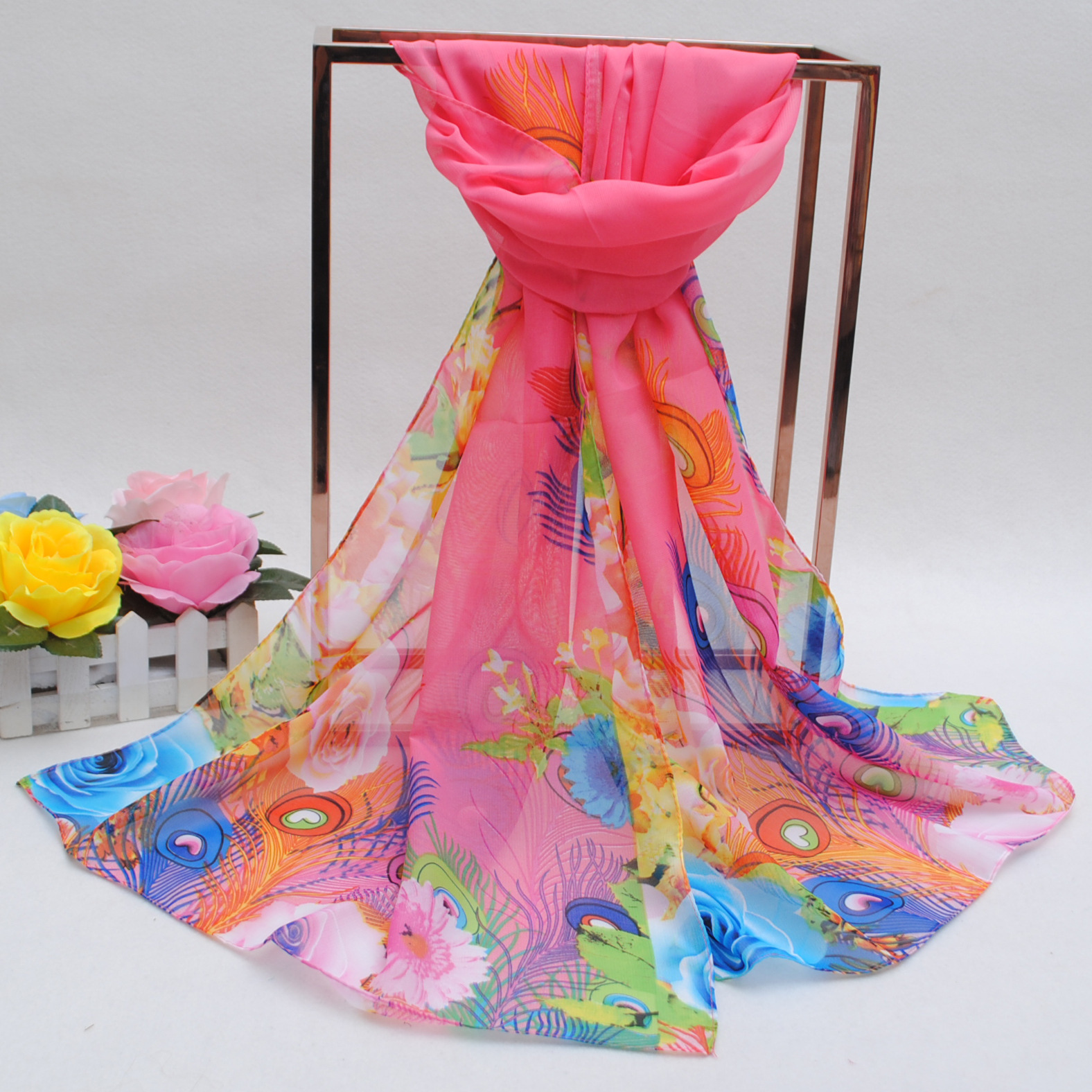 K882 New spring and summer women's peacock feather chiffon long silk scarf wholesale gift scarf small tulle scarf one piece shipping