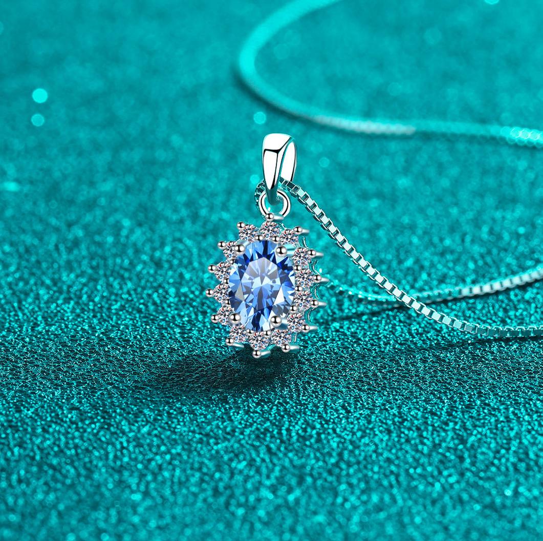 925 Sterling Silver Moissanite Necklace for Women Blue Oval Moissanite Pendant Lightweight Luxury Box Chain Design