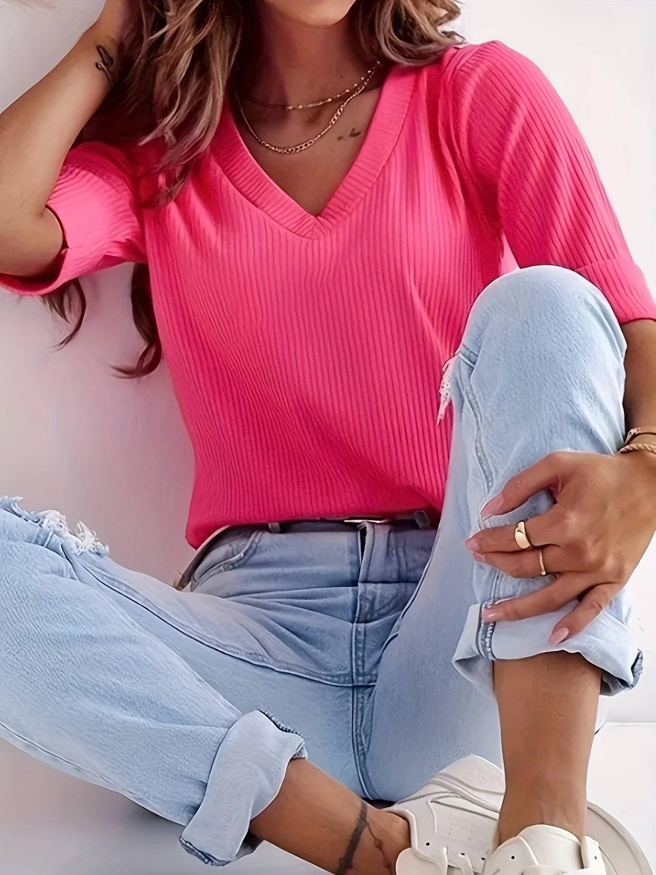 Plus Size Women Casual V Neck Solid Color T-Shirt Top 250527