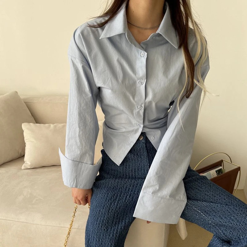 Korean Women Shirts Sweet Bandage Chic Long Sleeve Female Casual Blouse Summer Solid Turn Down Collar Ladies Crop Tops 250527