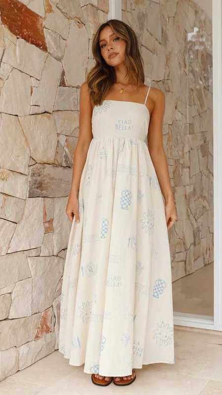 Casual Women Dresses 2025 Summer New Fresh Fashion Printed Personality Back Hollow Out Strap Dress