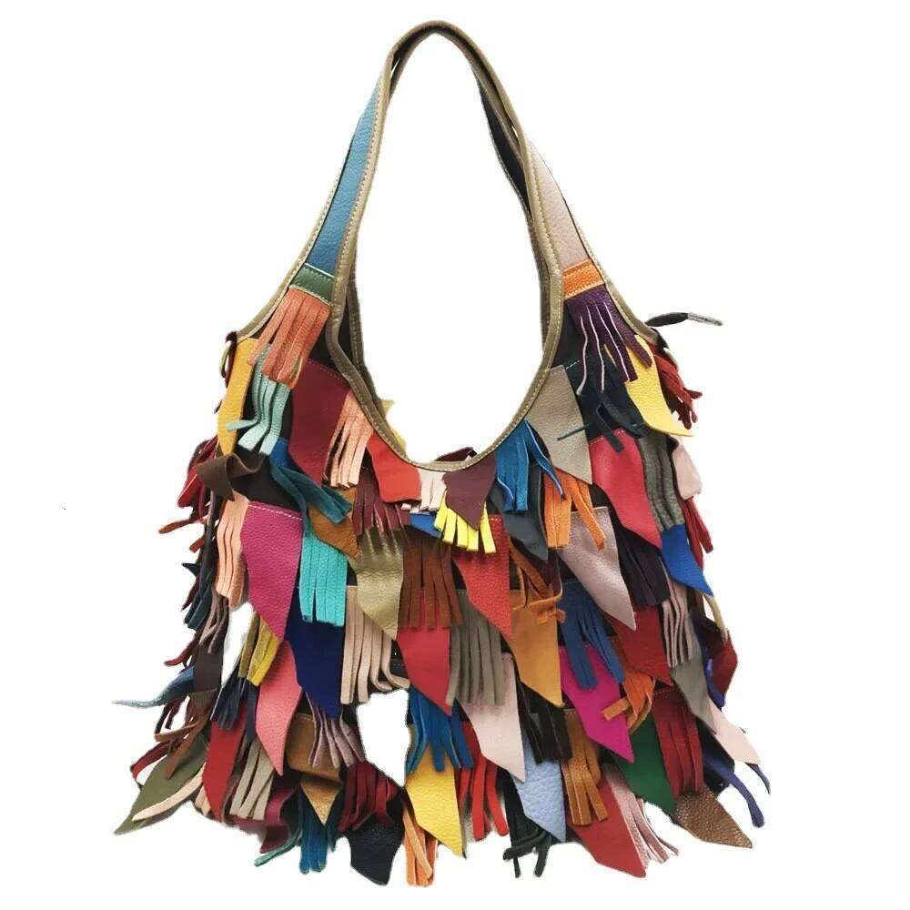 New Women's Handbag 2024 European Style Genuine Leather Fringed Shoulder Tote Layered Strap Crossbody Bag Motorcycle Equ