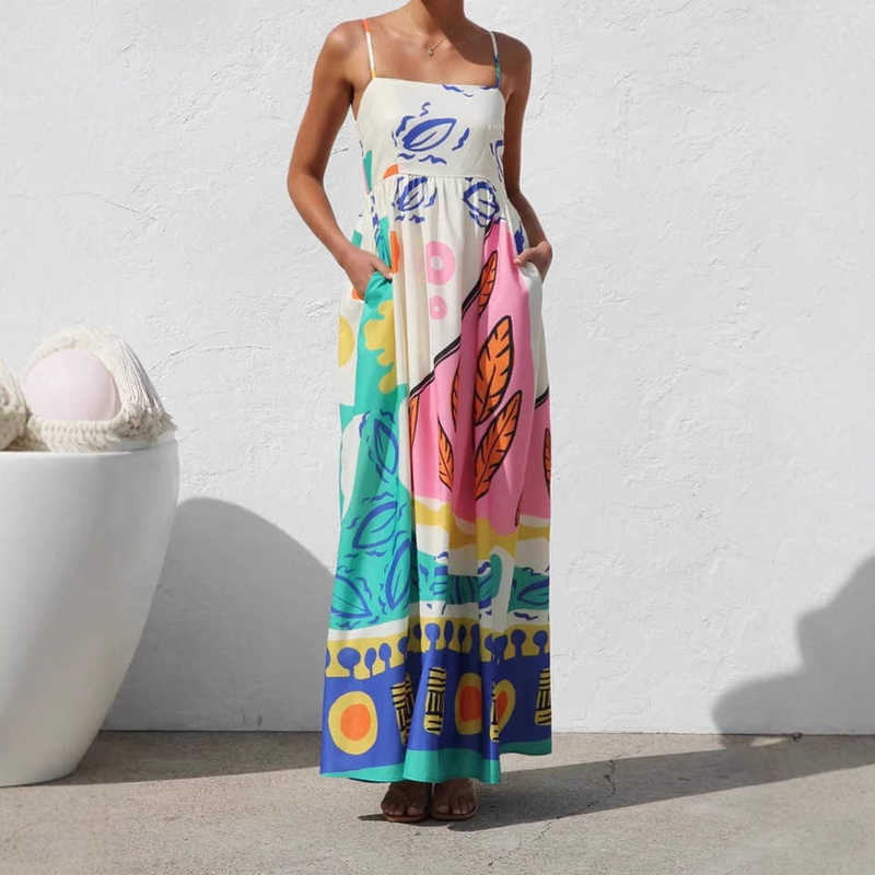 Casual Women Dresses 2025 Summer New Vacation Print Strap Dress Beach Dress