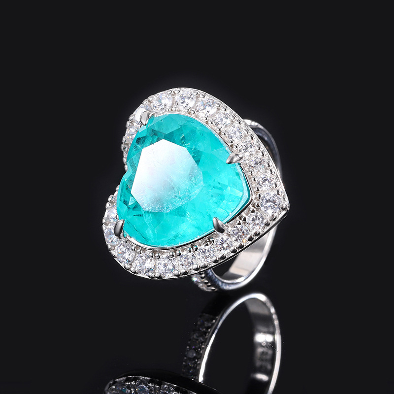 15*15 Love heart Jewelry Set S925 sterling Silver Paraiba blue Ring Pendant Necklace Earrings Antique Classic Precious Jewelry Set gift for girlfriend