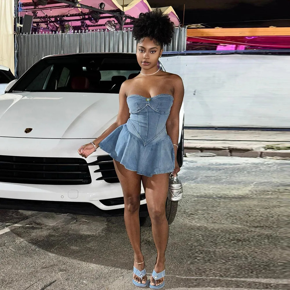 Women Stretch Denim Washed Wrap Backless Ruffle Dress Sexy Zipper Dress Elegant Blue Jeans Skater Party Dress for Female 250527