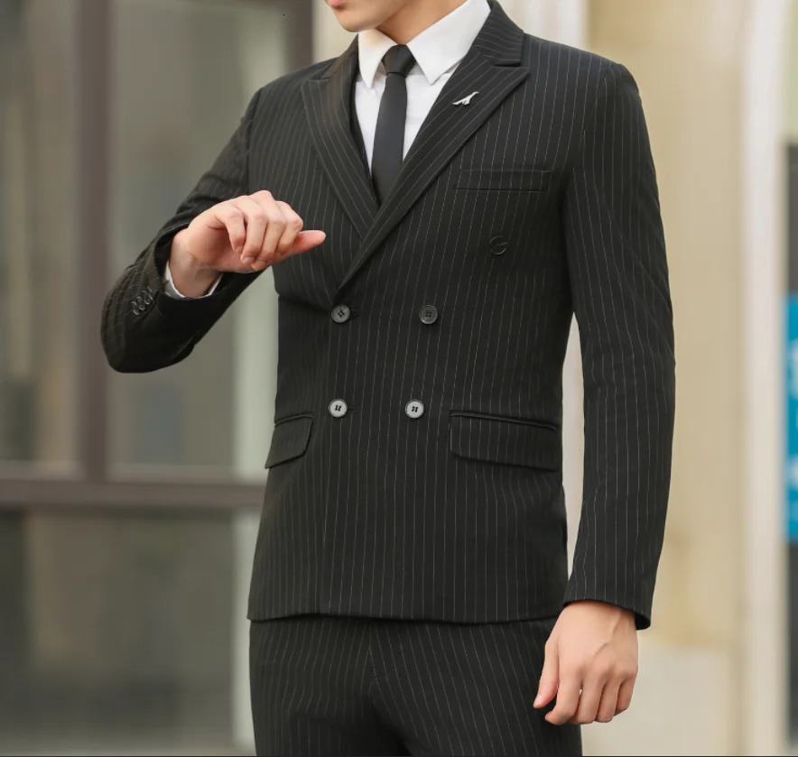 Double breasted British suit vest trousers male groom wedding slim casual fashion stripes handsome threepiece set 250520Z