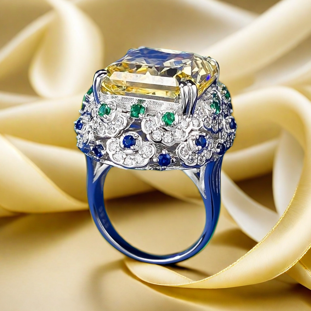 14*16 Radien Ice Flower cut Princess Ring S925 sterling Silver Deluxe inlay 15CT Crystal Yellow High-Carbon Diamond noble royal exclusive classic fash
