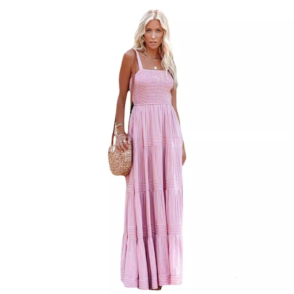 women's wear 2024 Summer Women's New Vacation Style Strap Tie Print Long Dress Super Hot