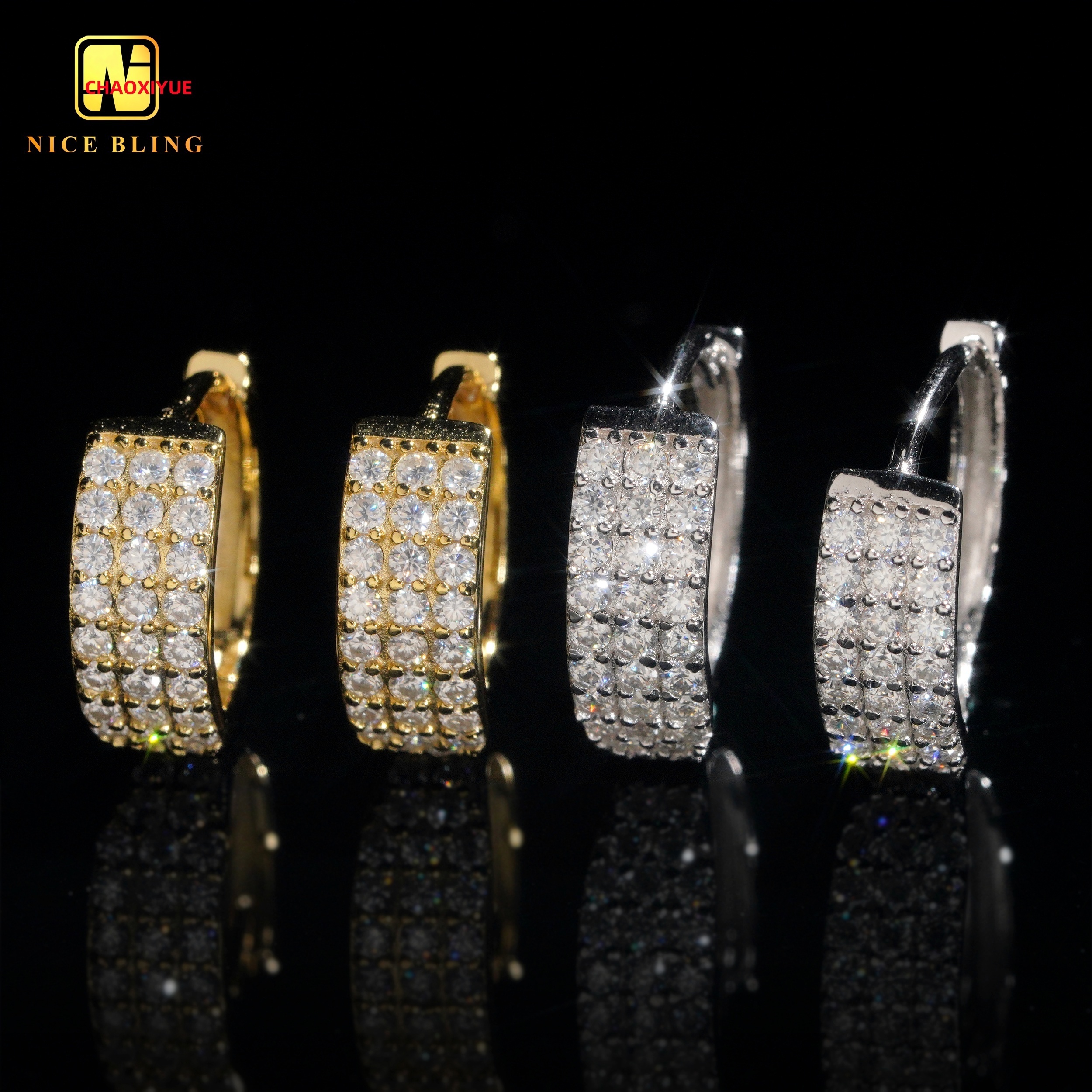 18K Gold Plated Moissanite Earrings Hip Hop Fashion Jewelry 925 Silver 3 Rows Lab Diamond Hoop Earrings for Men Women