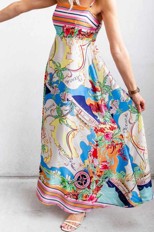 Casual Women Dresses 2025 Spring/Summer New High-Waisted Printed Colorful Vacation Flared Strap Dress