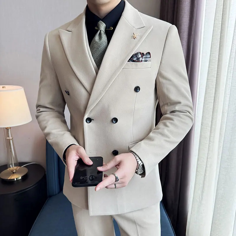 2025 High quality doublebreasted suit vest trousers Korean slim business woolen threepiece set 250520Z