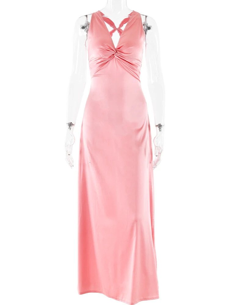 JULISSA MO Satin Sexy Backless Ruched Women Maxi Dress Yellow Sleeveless High Waist Dress Summer Skinny Elegant Party Clubwear 250527