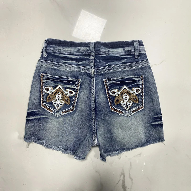 Xingqing Women Denim Shorts Summer Casual High Waist Back Embroidery Raw Hem Jean Shorts with Pockets y2k Clothing Streetwear 250527