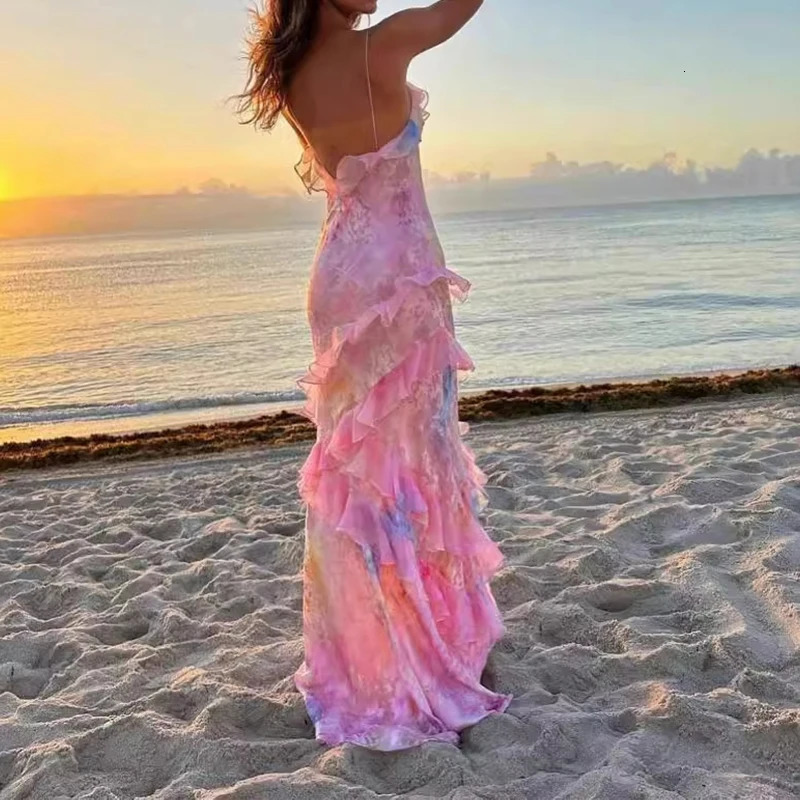 Womens V Neck Ruffled Slim Long Dress Fashion Sleeveless Floral Print Suspender Dress Casual Backless Summer Beach Dresses 250527