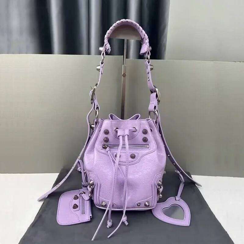 Designer Bag New Style Le Cagole Three In One Cropped Studded Biker Dull Black Drawstring Bucket Bag Genuine Leather Crossbody Single Sho