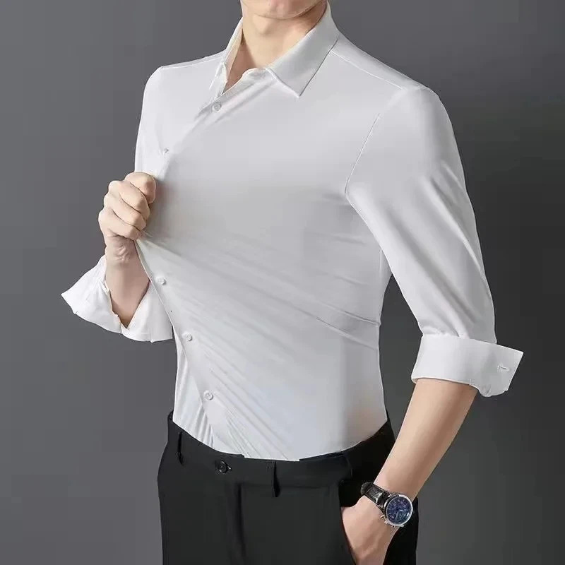 High Stretch AntiWrinkle Mens Shirts Long Sleeve Dress Shirt For Men Slim Fit Social Business Blouse White S4XL 250528Z