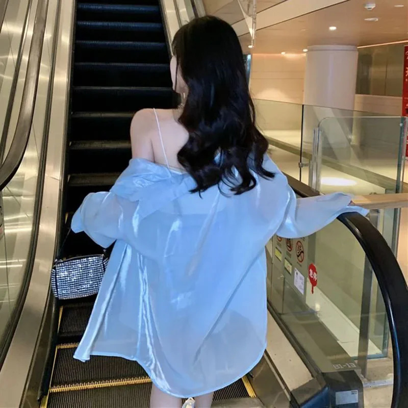 Spring Summer Thin Silk Blouse Women Pure Desire Style Pearly-Lustre See Through Shirts Korean White Sun Protection Shirt 250527