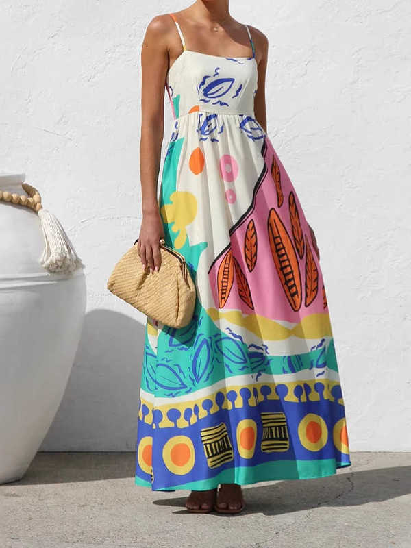 Casual Women Dresses 2025 Summer New Vacation Print Strap Dress Beach Dress