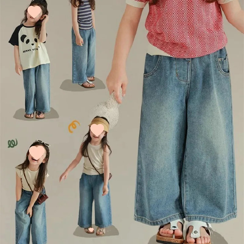 Girls loose multi pocket elastic waist jeans wide leg pants 25 summer clothes foreign trade childrens clothing hair collec 250527