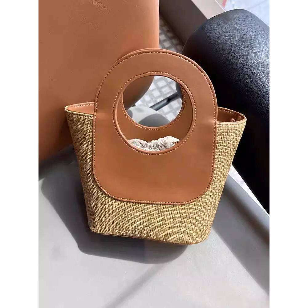 Designer Bag Vintage Women Holiday Straw Bucket Cow Leather Spliced Totes Handbag Strap Shoulder Bag Ladies Casual Beach Crossbody Bags