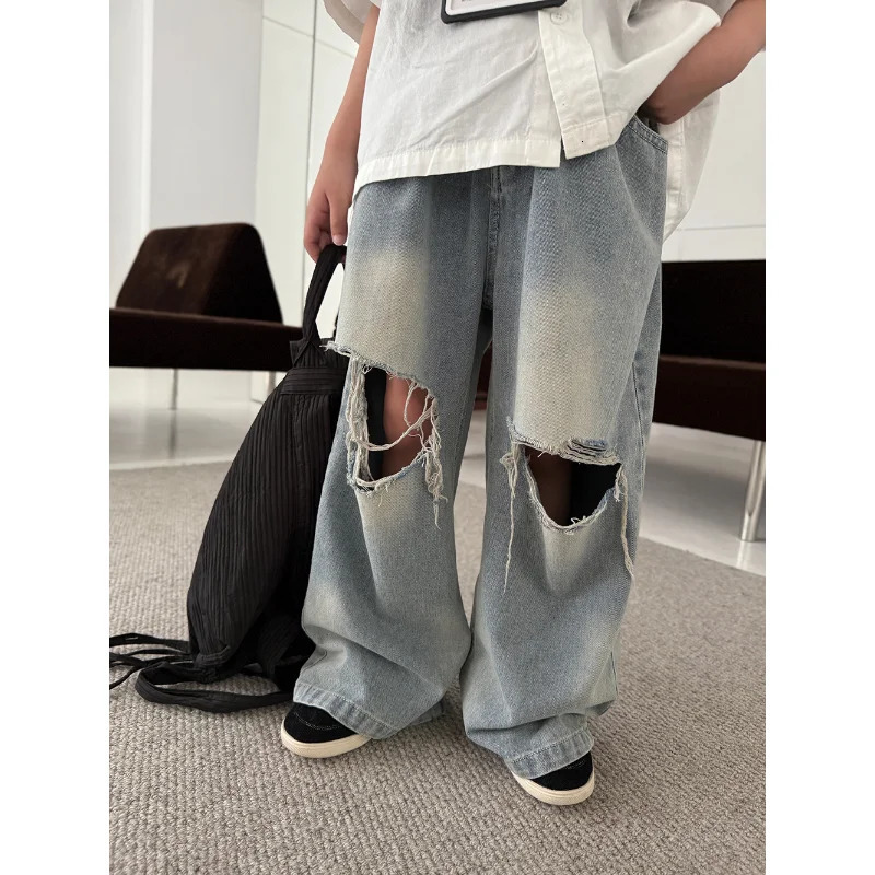 Boys Summer Jeans Childrens Pants Style Fashionable Pants with Holes for Small and Medium-sized Children 250527