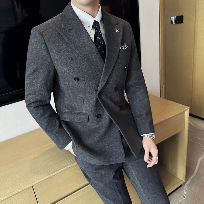 2025 High quality doublebreasted suit vest trousers Korean slim business woolen threepiece set 250520Z