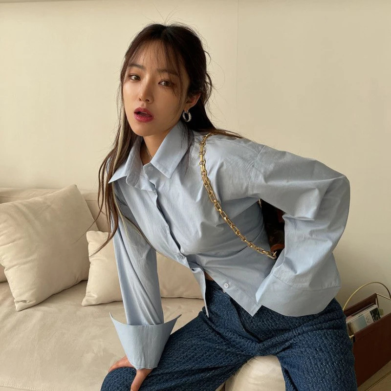 Korean Women Shirts Sweet Bandage Chic Long Sleeve Female Casual Blouse Summer Solid Turn Down Collar Ladies Crop Tops 250527