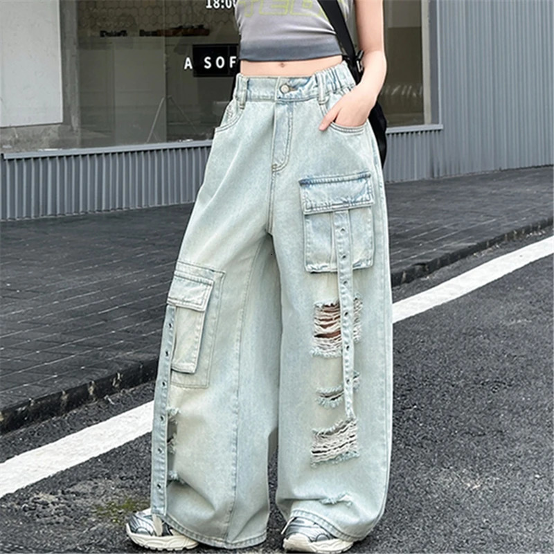 Kids Child High Fashion Street Style Distressed Ripped Cargo Jeans With Front Pocket for Tweens Girl Broken Hole Denim Pants 250527