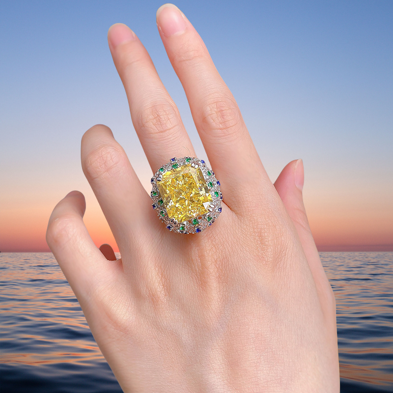 14*16 Radien Ice Flower cut Princess Ring S925 sterling Silver Deluxe inlay 15CT Crystal Yellow High-Carbon Diamond noble royal exclusive classic fash