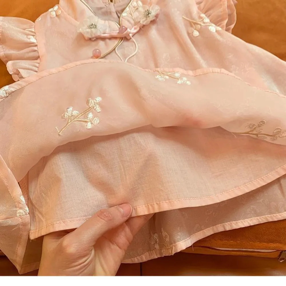 Bear Leader Summer Chinese Style Girls Suit Pink Flower Embroidered Fly Sleeved Top Shorts 2Pcs Tassel Cheongsam Kids Clothes 250527