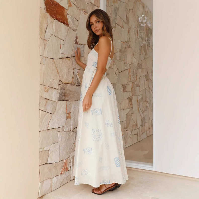 Casual Women Dresses 2025 Summer New Fresh Fashion Printed Personality Back Hollow Out Strap Dress