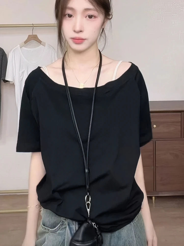 100% Cotton Off shoulder Summer Oversize T shirt Women Solid color Short sleeve Tops Lady Casual Tees Korean style Youth Blouses 250527