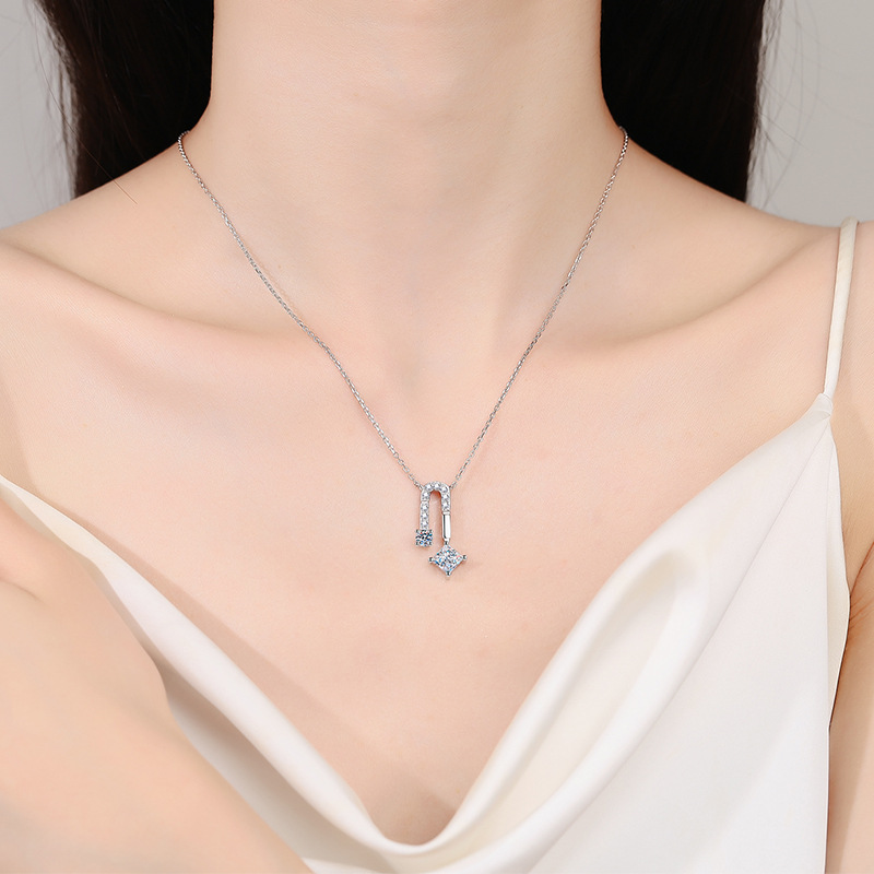 925 Sterling Silver PT950 Plated Moissanite Square Pendant Necklace, Designer Luxury Jewelry, Minimalist Choker for Women, Elegant and Unique