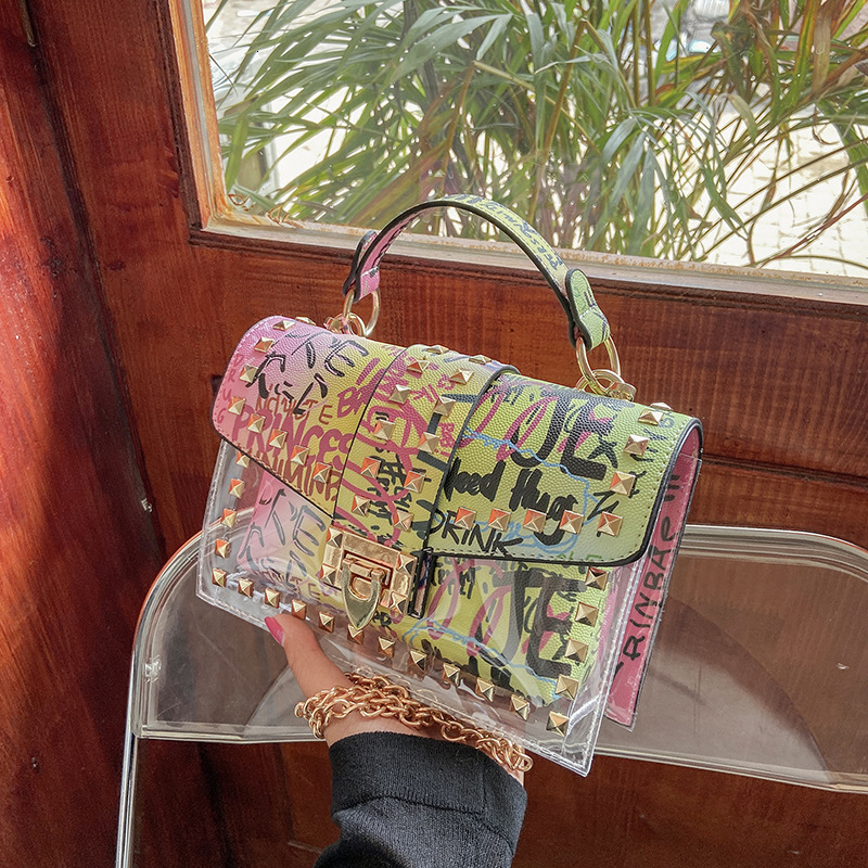 Free Shipping Designer Bag Trendy Graffiti Transparent Jelly Bag Summer 2025 Korean Fashion Graffiti Ins Trendy Chain Shoulder Crossbody Bag Handbag