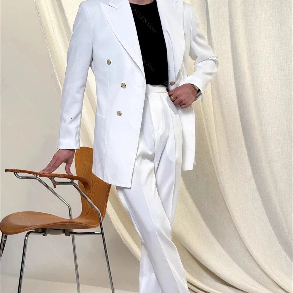 Elegant Lapel Men Suits Two Piece Gentleman Double Breasted Casual Outfits Slim Fashion Groom Wedding Party Prom Tuxedo 250520Z