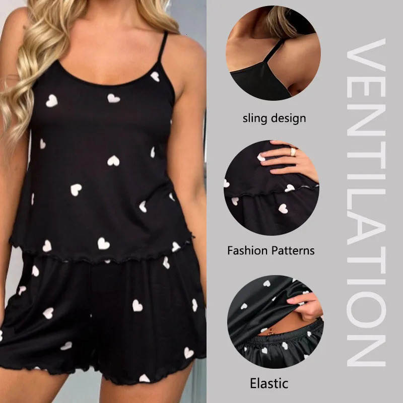 Plus Size Love Print Women Pajamas Two Piece Sexy Camisole Shorts Black Student Pajama Set Easy to Wash Shorts Homewear Two Piec 250530