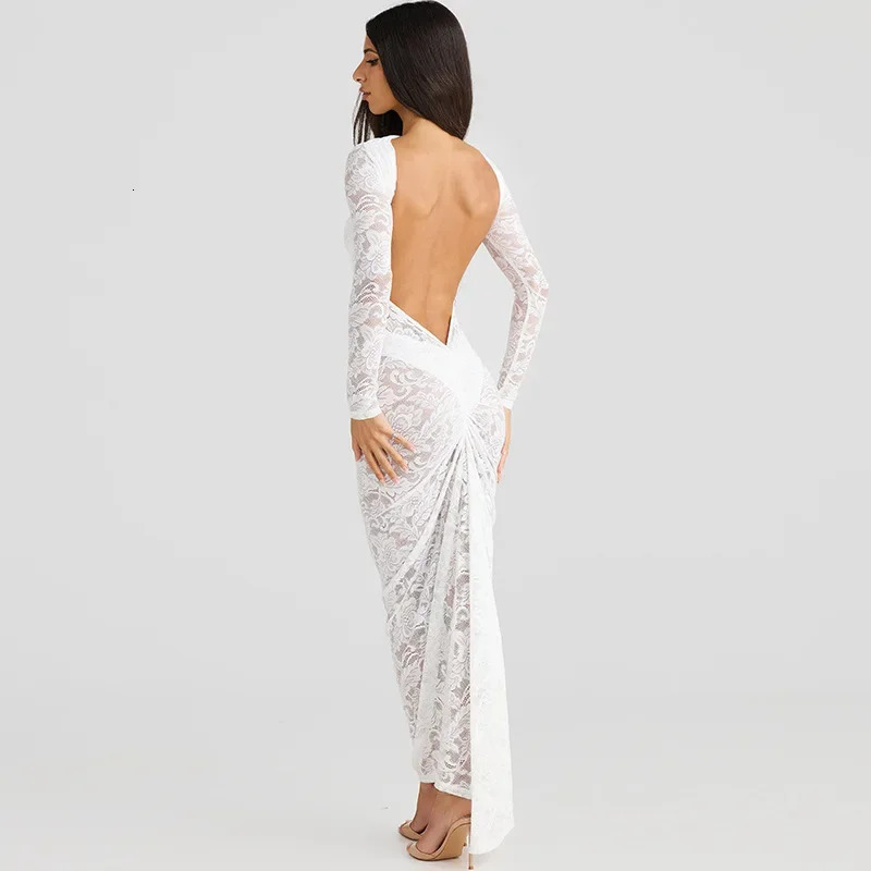 Trendix See Through Lace Maxi Dress Women Patchwork Hollow Long Sleeve Big Backless Sexy Dresses Club Party Women Sheath Dress 250527