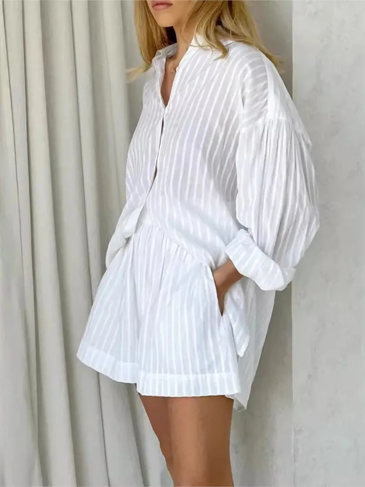 Spring Summer Solid Cotton Short Two Piece Set Women Stripe Long Sleeve Shirts Shorts 2 Piece Sets Simple Style Lady Suit 250527