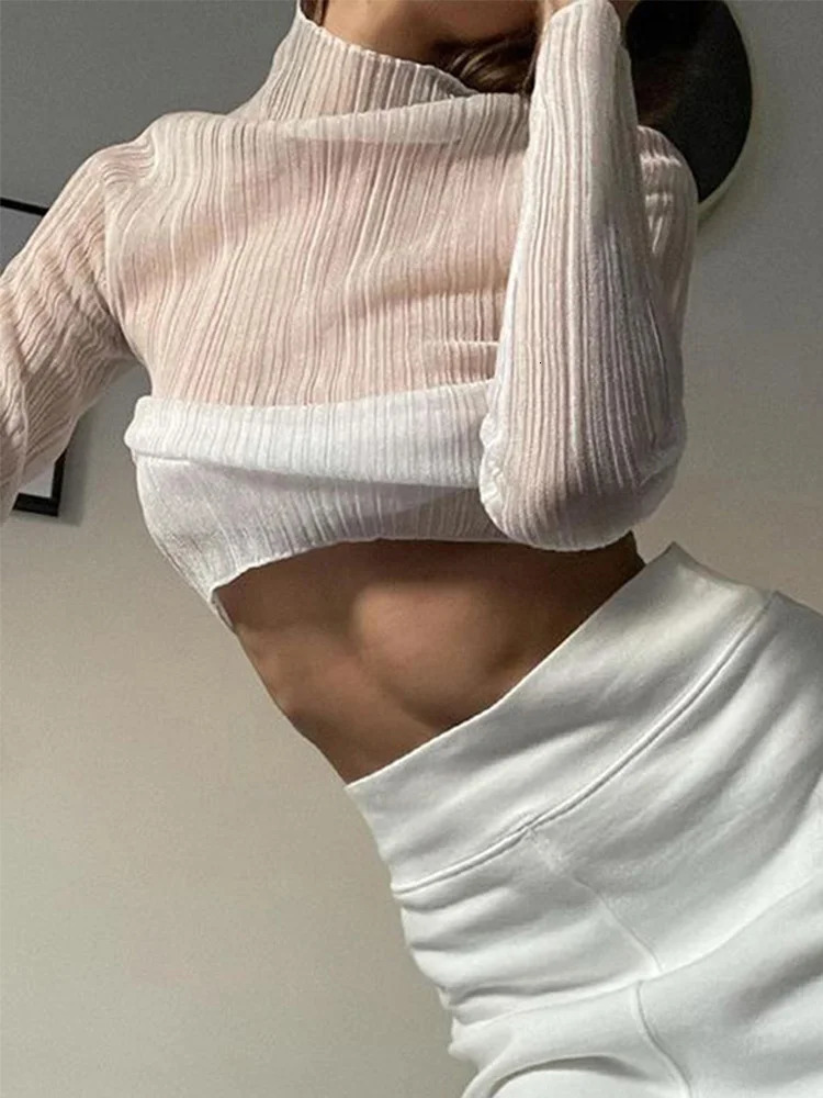 Fall Elegant See Through Long Sleeve Mock Neck Women Tops Fashion Streetwear Sexy TShirts Tees Slim Clothes 250520A