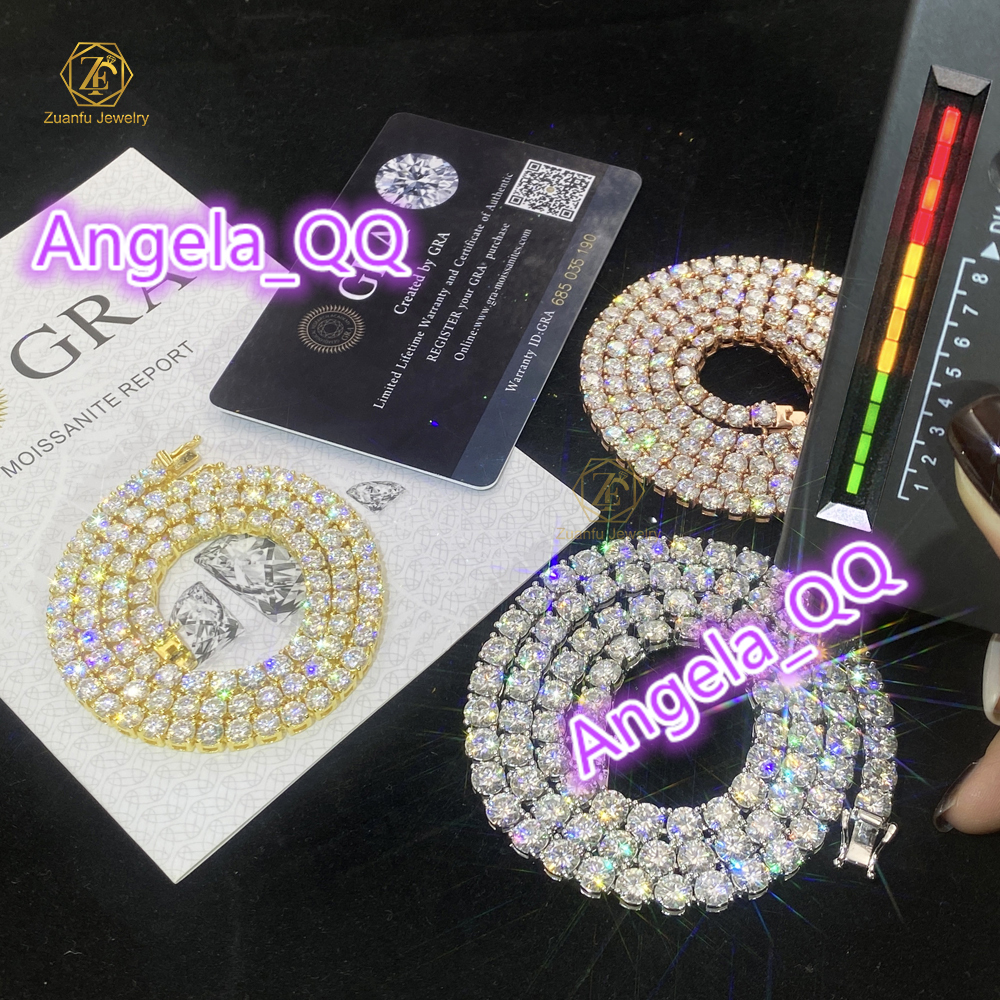 Factory Direct 925 Silver Hip Hop VVS Moissanite Diamond Tennis Chain Iced Out 3mm 4mm D Color Moissanite Tennis Necklace