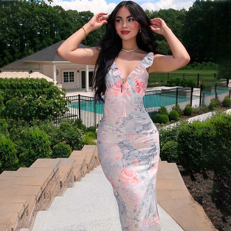 Casual Women Dresses 2025 Summer New Women's Sexy Low-Cut Spicy Girl Vacation Printed Slim Strap Dress