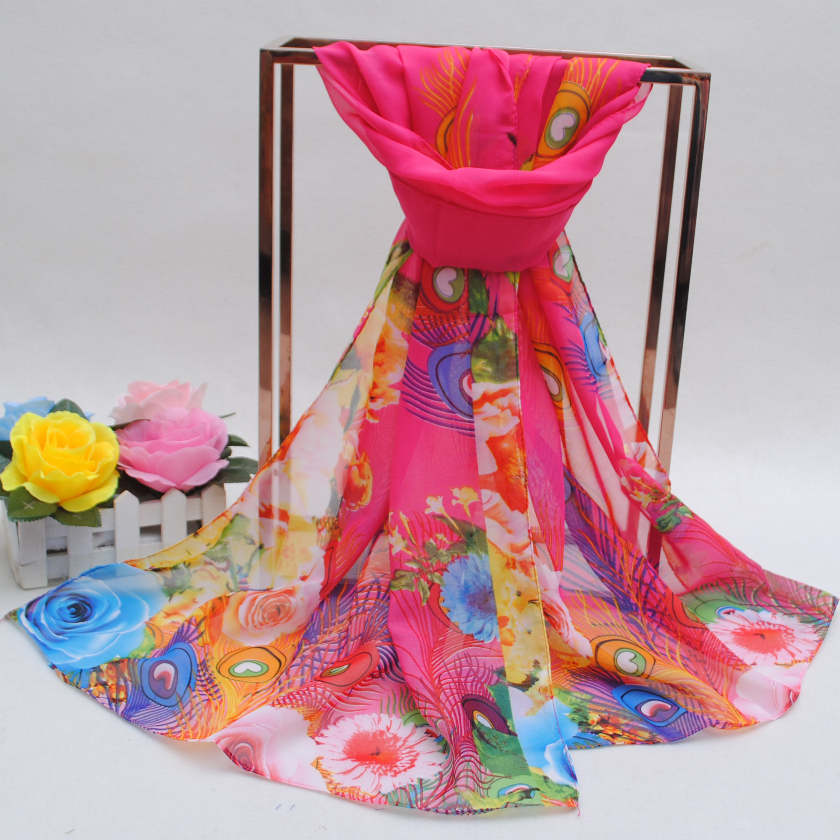 K882 New spring and summer women's peacock feather chiffon long silk scarf wholesale gift scarf small tulle scarf one piece shipping